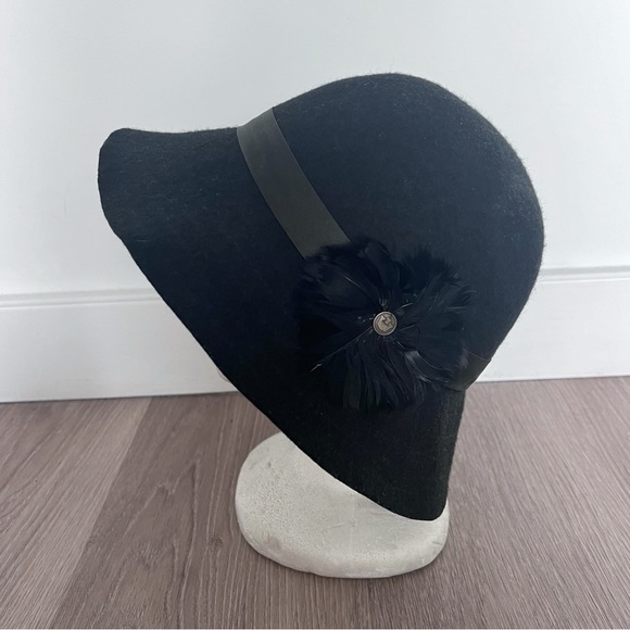 Goorin Brothers Bros. hat size Medium black feather ribbon wool cloche 1920s - Picture 6 of 14
